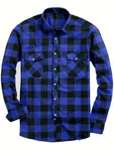 Men's classic casual blue and black buffalo plaid long sleeve shirt with chest pockets