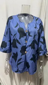 Floral cotton linen V-neck short sleeve blouse in blue with large black flower print
