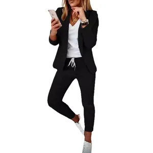 Chic women's two-piece casual black blazer and drawstring jogger pants fashion suit set