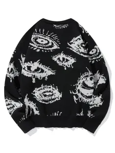 Schwarzer Strickpullover im Dark-Street-Style mit weißem Augenmuster, lockere Passform