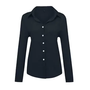 Essential classic black long-sleeved linen shirt with contrast white buttons for women