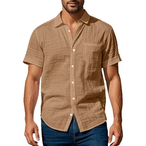 Camicia casual in lino marrone da uomo con colletto a rever e taschino.