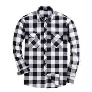 Men's long-sleeve casual shirt featuring a classic black and white buffalo plaid pattern.