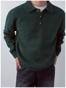 Detail view of men's dark green polo collar knit sweater for autumn and winter wear