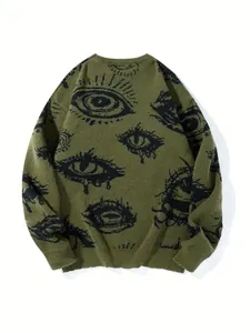 Übergroßer armegrüner Strickpullover mit gotischen schwarzen weinenden Augenmustern