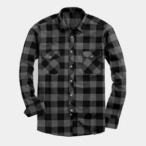 Men's premium grey and black buffalo plaid long-sleeve casual shirt with chest pockets