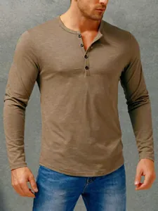 Slim fit long sleeve khaki Henley shirt for men with four-button placket detail