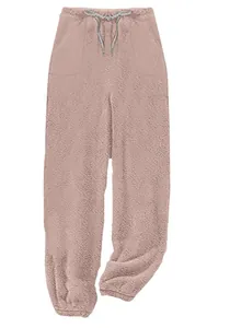 Dusty rose plush fleece joggers featuring soft sherpa texture and drawstring waistband