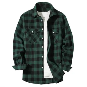 Men's casual green and black buffalo plaid flannel shirt with front pocket