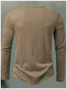 Detailed back view of men's slim-fit long sleeve t-shirt with slub texture in tan color.