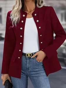 Detailed view of wine red stand collar blazer with elegant silver double-breasted buttons.