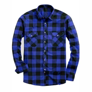 Blue and black buffalo plaid long-sleeved casual men's shirt with chest pockets.