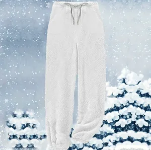 Detailed full view of soft white plush lounge pants with elastic drawstring waistline