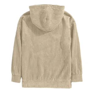 Back view of a high-quality beige men's corduroy hoodie with drop shoulder design