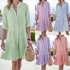 Women Striped Shirt Dress Long Sleeve Tiered Hem Button Up Casual Elegant Midi Dress Polyester Party Vacation Dress