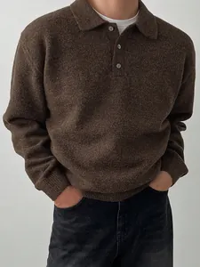 Men's autumn casual brown polo collar knit sweater pullover with soft premium wool texture