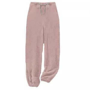 Cozy dusty pink plush lounge pants with drawstring waist and elastic cuffs