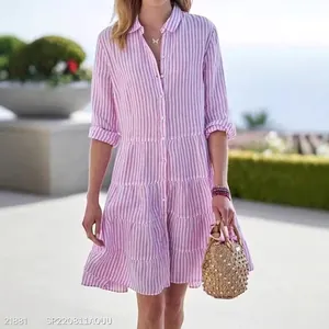 Elegant pink and white striped long sleeve shirt dress with tiered skirt for women