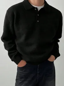 Elegant black men's polo collar knit sweater, casual long sleeve pullover for winter