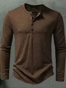 Men's solid brown long-sleeve Henley shirt with button neckline and slim fit design