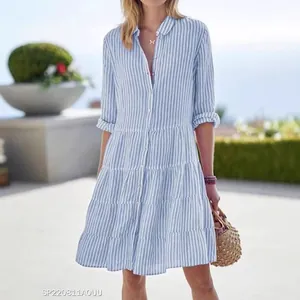 Elegant blue and white vertical striped tiered shirt dress with long sleeves for women