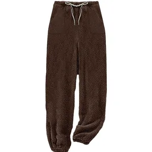 Warm chocolate brown fuzzy plush leisure pants with drawstring for winter home wear