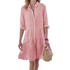 Pink and white vertical striped long sleeve shirt dress with tiered ruffle hem