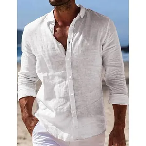 Heren Casual Puur Katoen Overhemd Lange Mouw Revers Single-breasted Button Down Strandhemd Effen Kleur Losse Pasvorm Vakantie Top