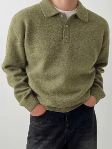 Premium men's olive green knit polo sweater featuring a classic three-button collar