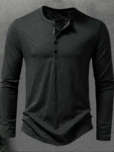 Men's muscle fit long-sleeve Henley T-shirt with slub texture in charcoal grey