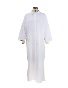Full-length view of white cotton linen long-sleeved button-down dress on mannequin