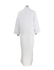 Detailed back view of a minimalist white long-sleeved cotton linen casual maxi dress