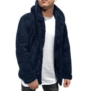 Cozy navy blue men's hooded teddy fleece jacket for stylish autumn and winter streetwear