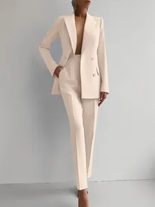 Elegant beige double-breasted blazer and matching tailored trousers two-piece set