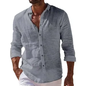 Grijs heren linnen strandoverhemd met lange mouwen voor zomervakantie casual kleding