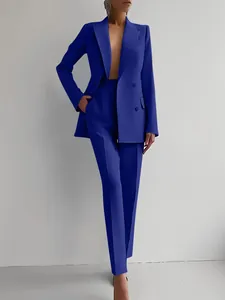 Professional cobalt blue women's two-piece suit set with double-breasted blazer.
