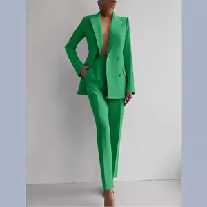 Professional grass green two-piece suit set for women including blazer and long trousers.