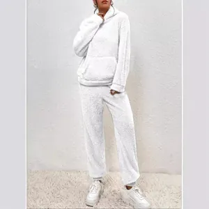 Soft white fuzzy fleece hooded two-piece lounge set for women's winter home wear