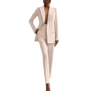 Elegant women's beige two-piece suit with blazer and trousers for professional look