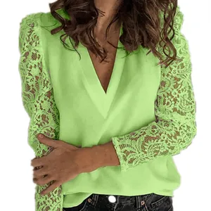 Elegant women's lime green V-neck top featuring floral lace stitched long sleeves