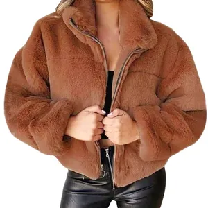 Warme braune Kunstpelzjacke mit Reißverschluss für Damen, ideal für Herbst und Winter