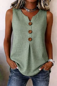 Detailed view of women's v-neck sleeveless cotton linen tank top with decorative buttons