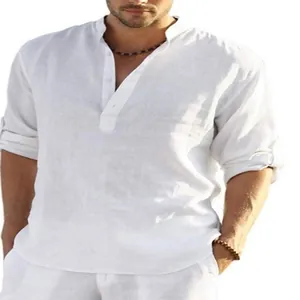 Men's relaxed fit white long-sleeve linen shirt with a stand collar henley design