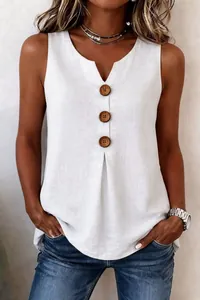 Close-up of white cotton linen sleeveless tank top with three wooden buttons on V-neckline.