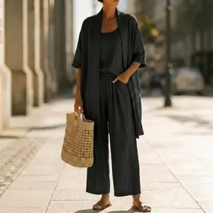 Elegant dark grey summer three-piece set featuring cardigan and wide-leg trousers