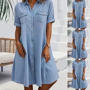Detailed visual collage of a light blue denim shirt dress featuring pockets and buttons
