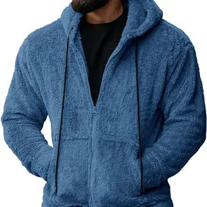 Men's Heavy Fleece Hooded Jacket Autumn Winter Solid Color Warm Wool Blend Zip Up Cardigan Outerwear Top