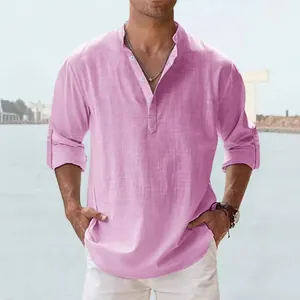 Chemise Homme en Coton et Lin à Manches Longues avec Col Montant Décontracté Respirant Couleur Unie Henley Top Coupe Décontractée