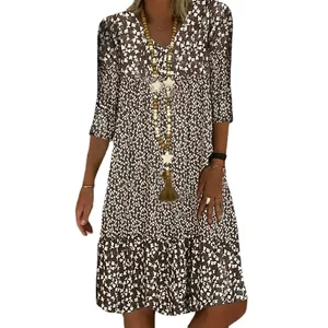 Élégante robe midi à imprimé fleuri avec col en V et manches mi-longues pour femmes