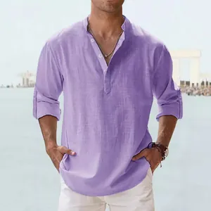 Chemise décontractée en lin violet pour homme avec manches longues et col officier